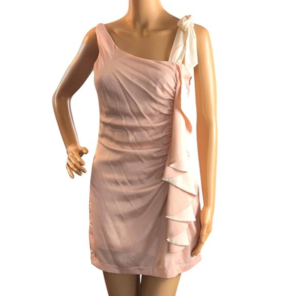 Womens One Shoulder Ruched Ruffle Dress Size S Baby Pink/Cream Coquette - Picture 1 of 7